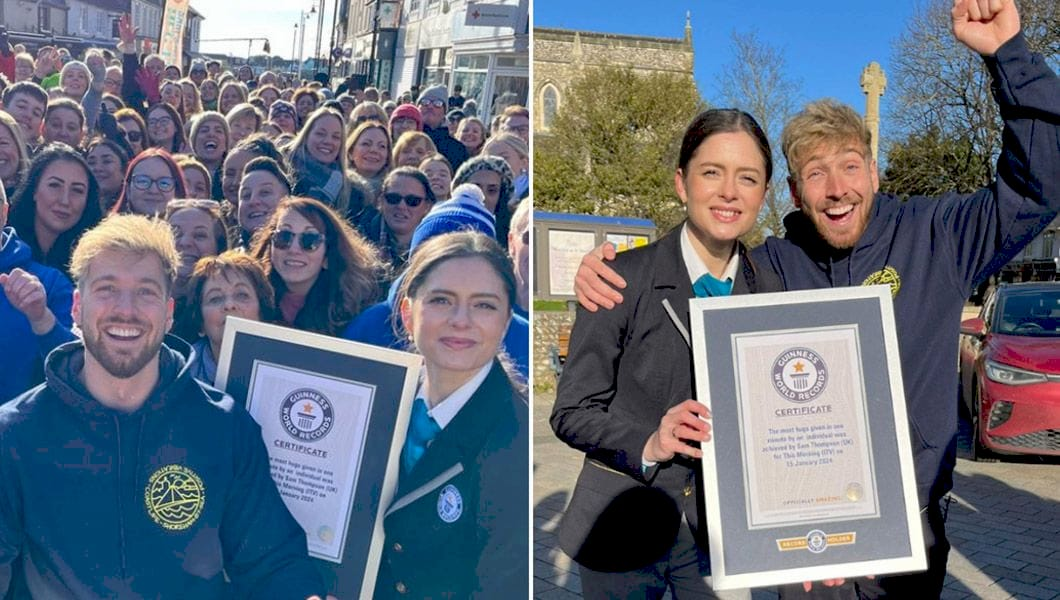 Сем Томпсон під час встановлення рекорду обіймів